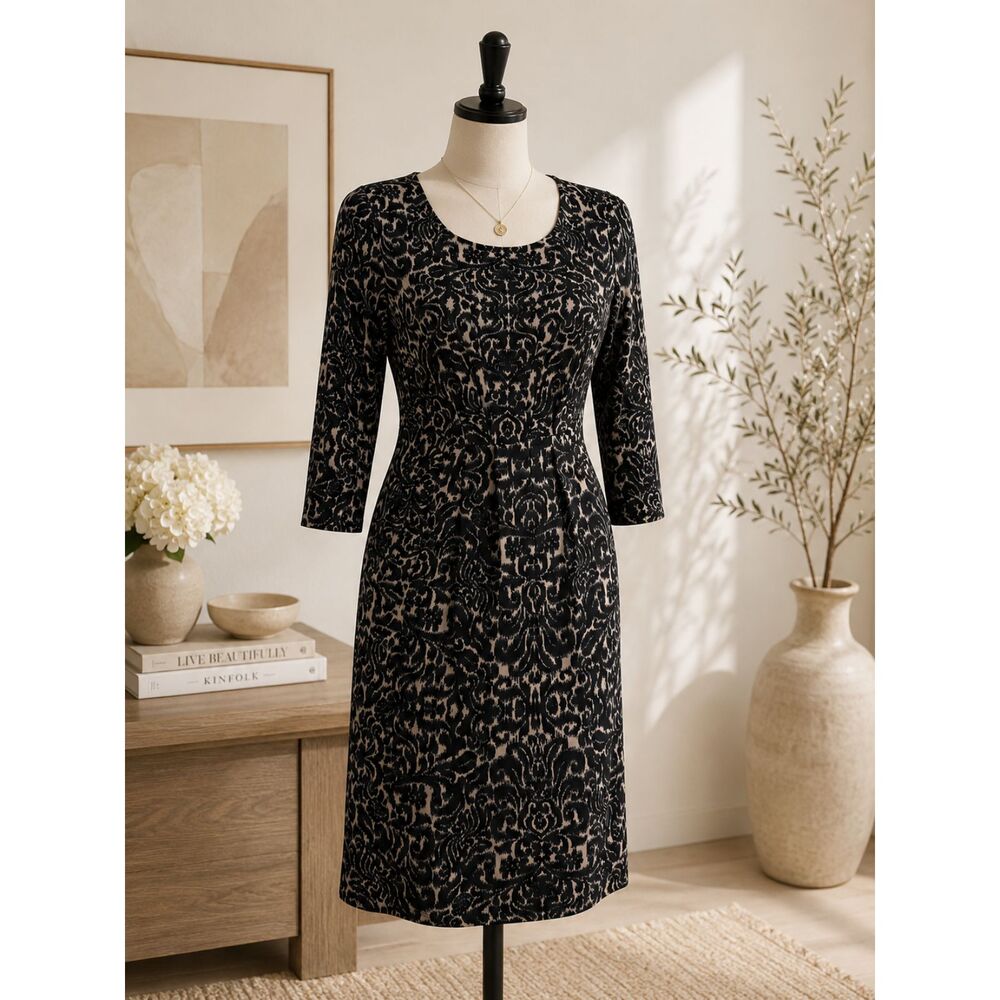 Maxandcleo Dress Medium Black Beige Abstract Print Sheath Career Midi Stretch